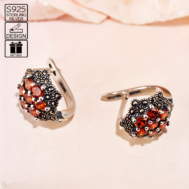 925 Sterling Silver Flower Garnet Earrings Hypoallergenic